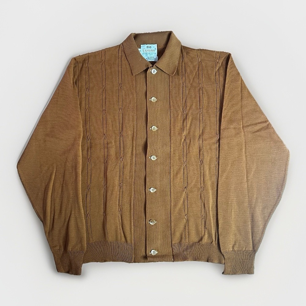 Vintage 70s Campus Shirt Mens Medium Caramel 100% Wool Atomic Loop Collar USA
